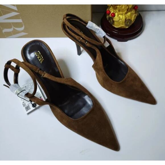 RARE!!! ZARA Brown Suede Leather Slingback Heels NWT 🤎 - Picture 9 of 16